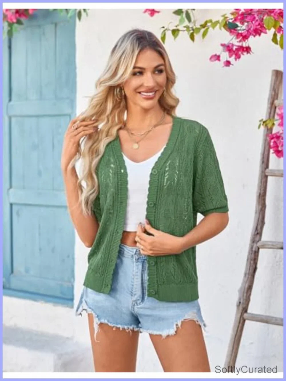 Crochet Short Sleeve Cardigan Lightweight Shrug V-Neck Button Front